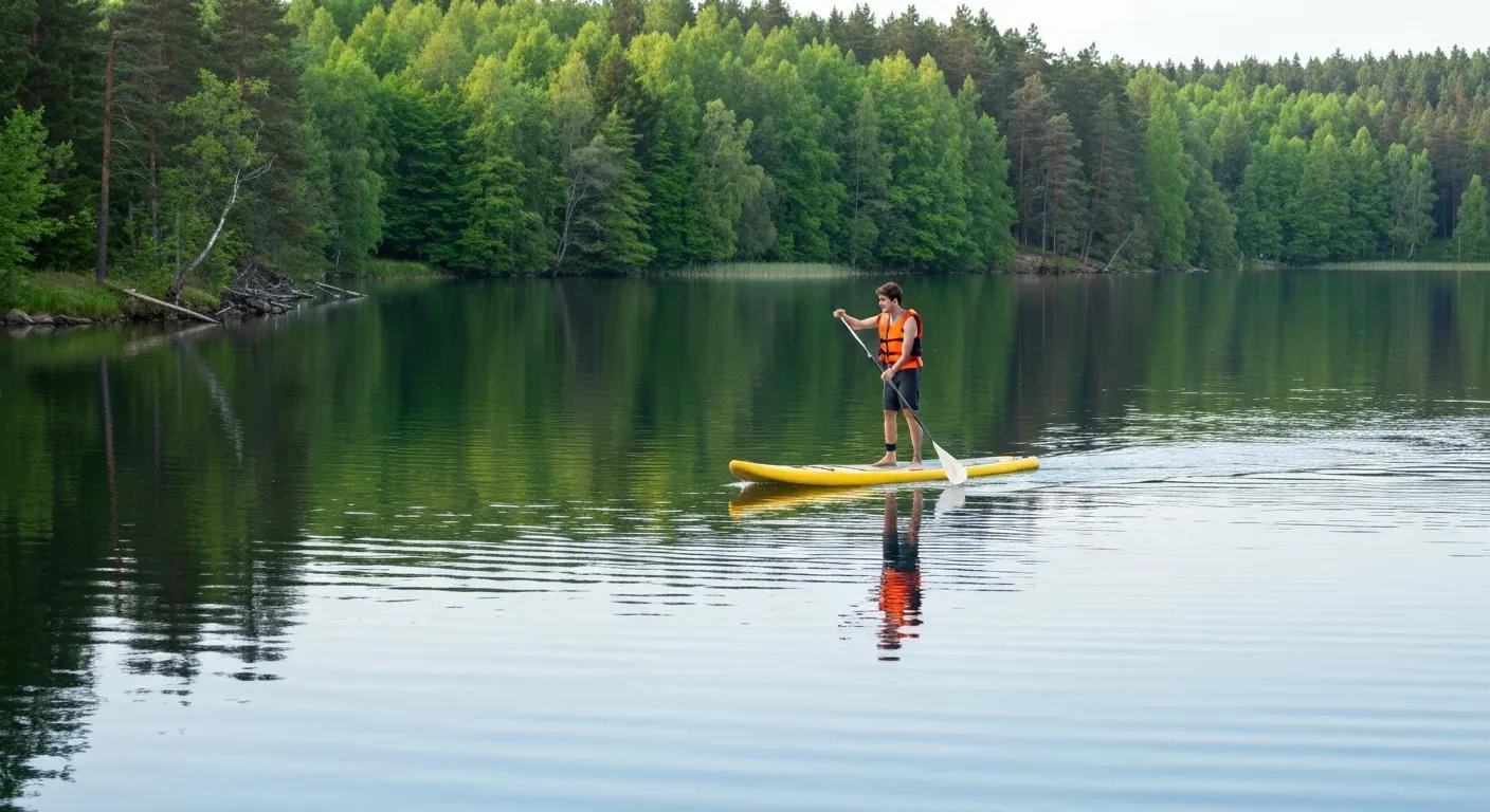 Beginner paddler practicing on calm lake water edged by trees