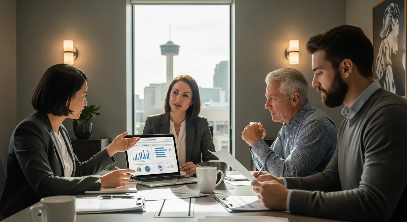 Business owners in San Antonio discussing printing costs and strategies in a modern office environment