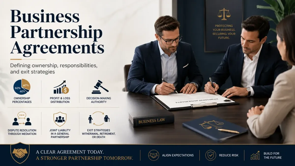 Two business partners sign a partnership agreement with a legal advisor present, alongside icons representing ownership percentages, profit and loss distribution, decision-making authority, mediation, joint liability, and exit strategies.