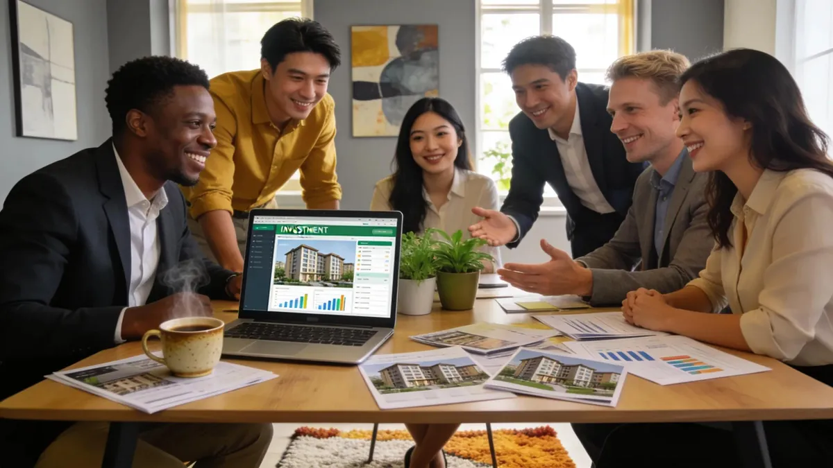 Diverse professionals discussing multifamily real estate investing in a cozy office setting