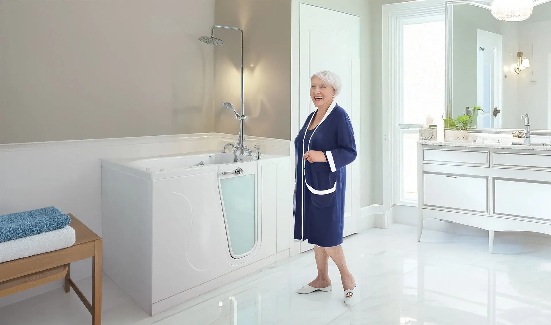 Senior woman in a navy robe standing beside a walk-in bathtub in a bright bathroom.