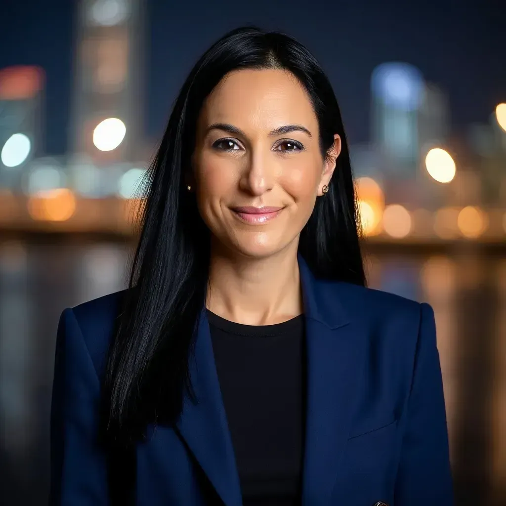 Professional woman in a blue blazer, smiling against a city skyline at night.