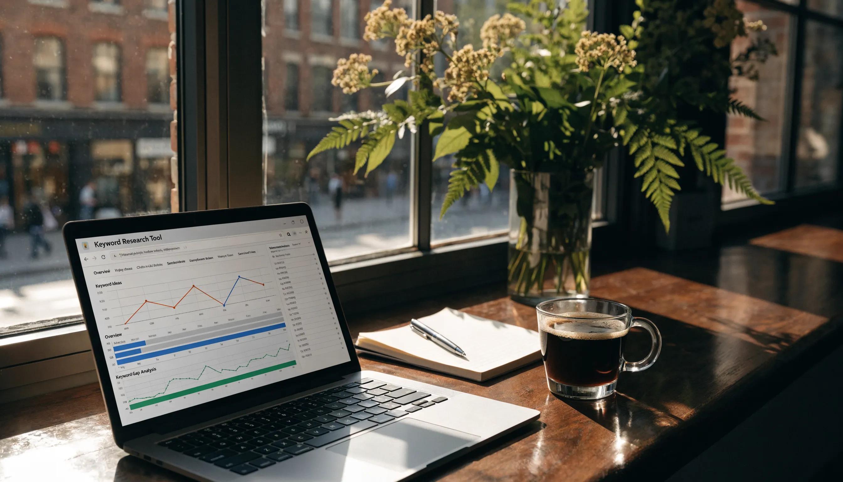 A cozy workspace with a laptop, coffee cup, and plant reflecting effective keyword research for AI visibility.