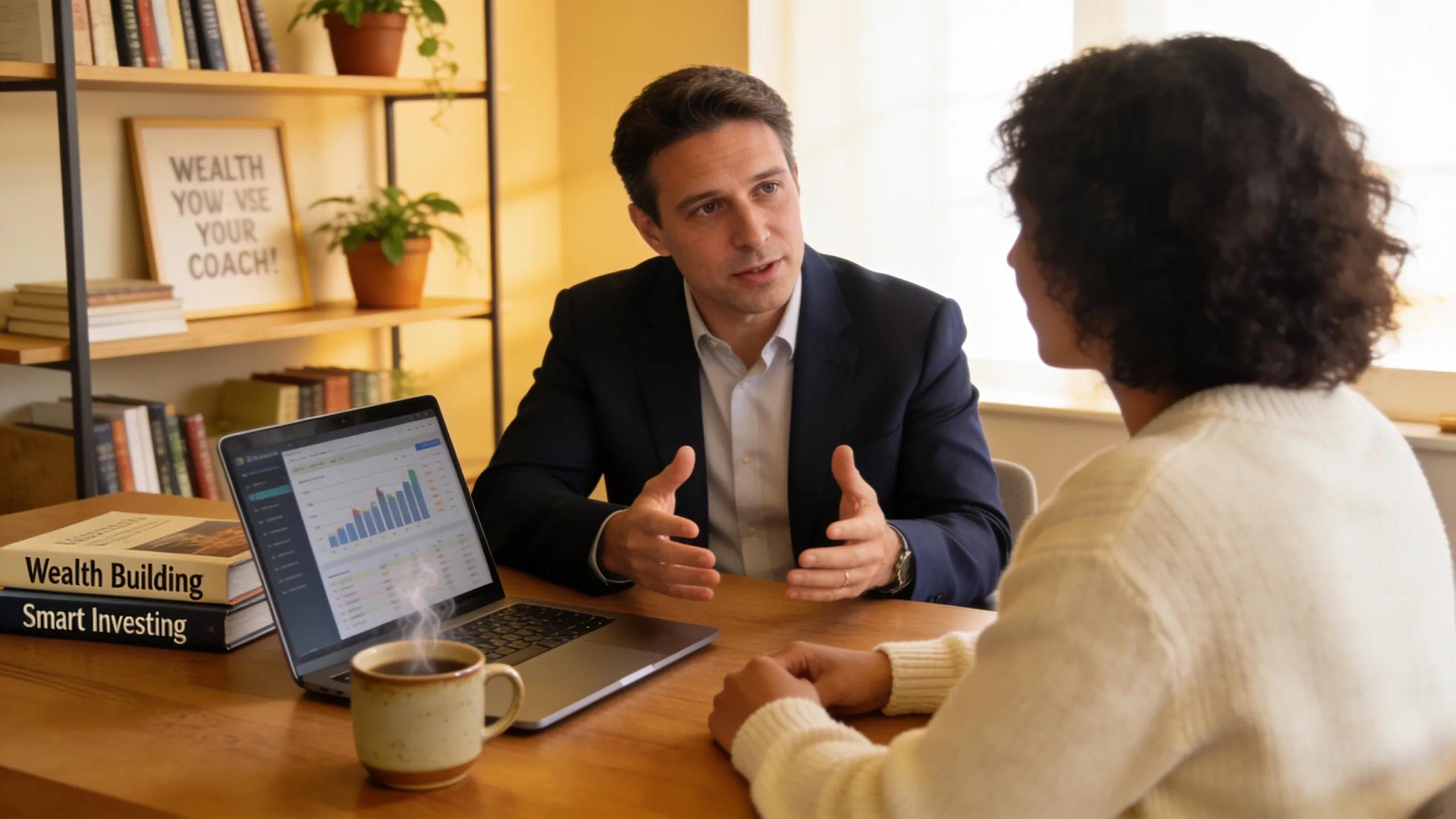 Wealth coach discussing strategies with a client in a cozy office environment