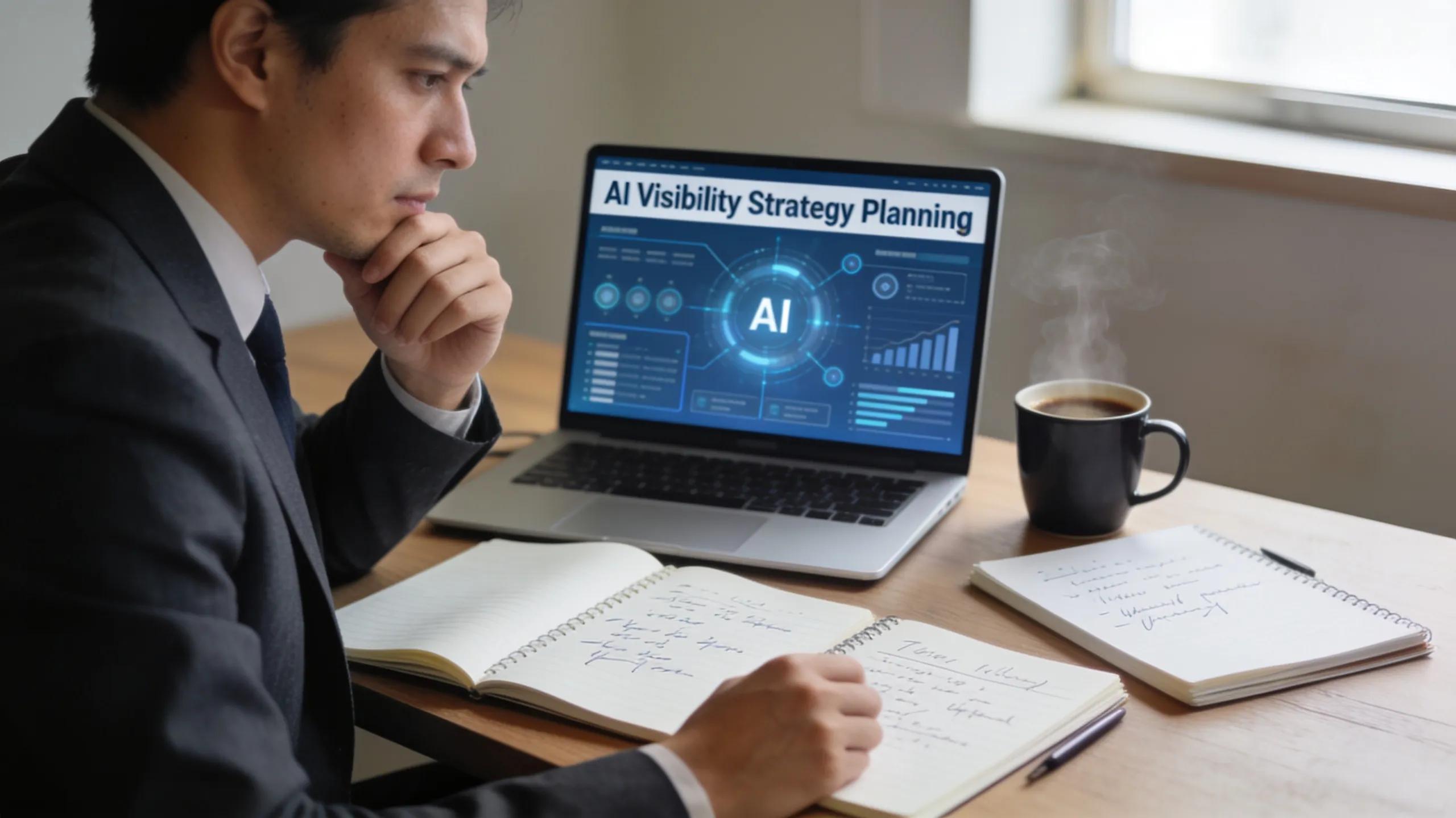 Professional analyzing AI visibility strategies in a modern workspace