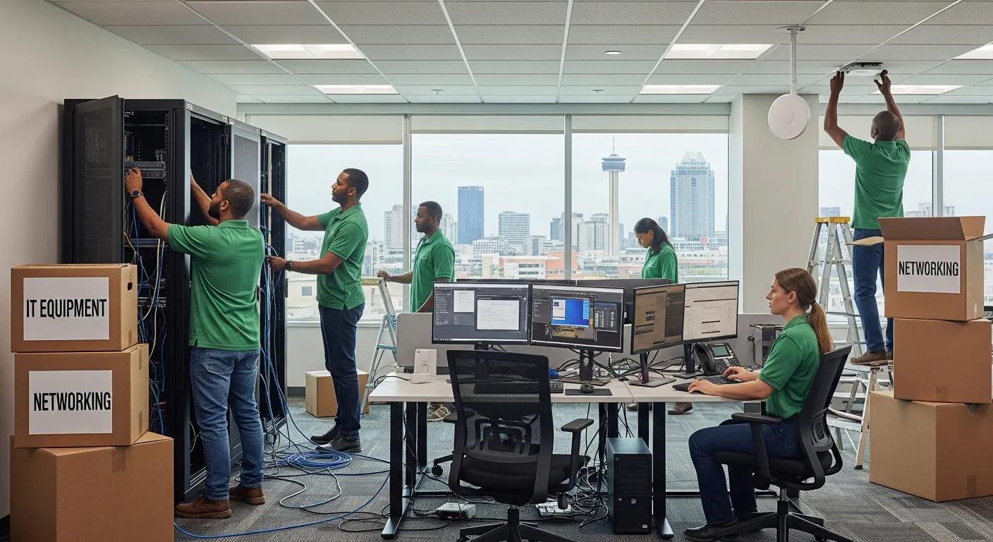 IT professionals setting up office technology during a San Antonio IT office relocation