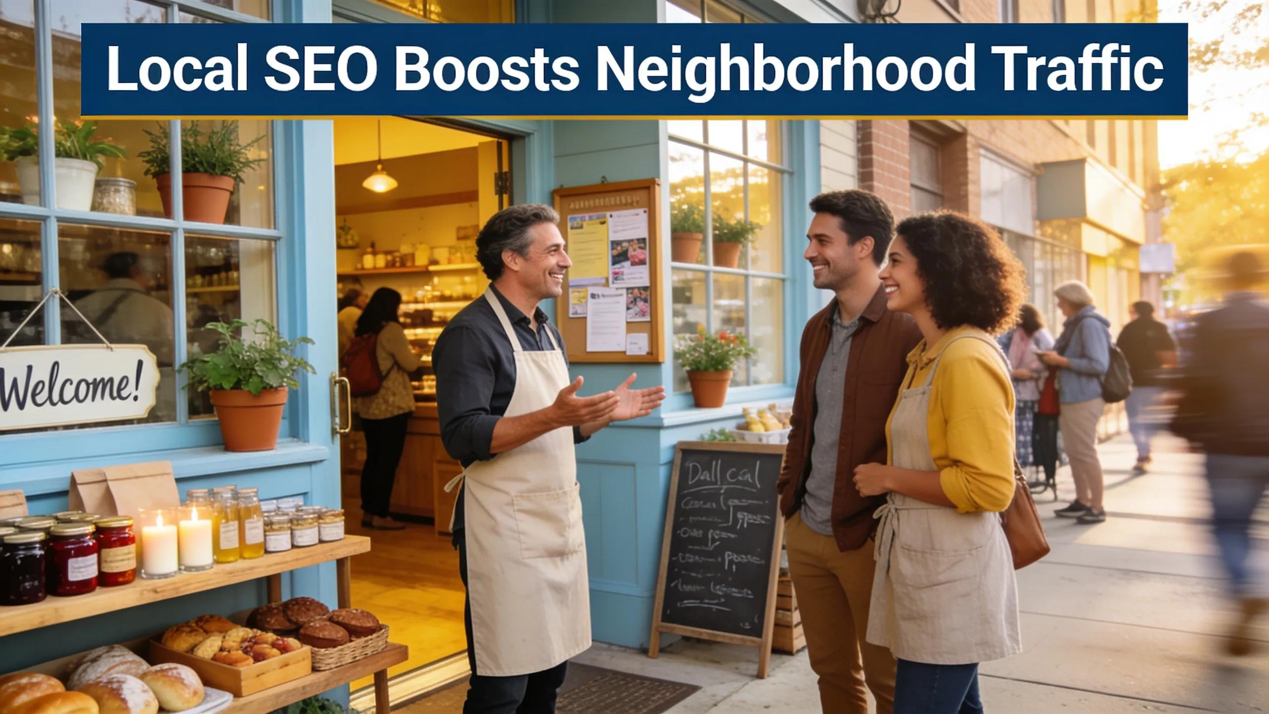 Local business owner engaging with customers in a friendly storefront, emphasizing local SEO importance