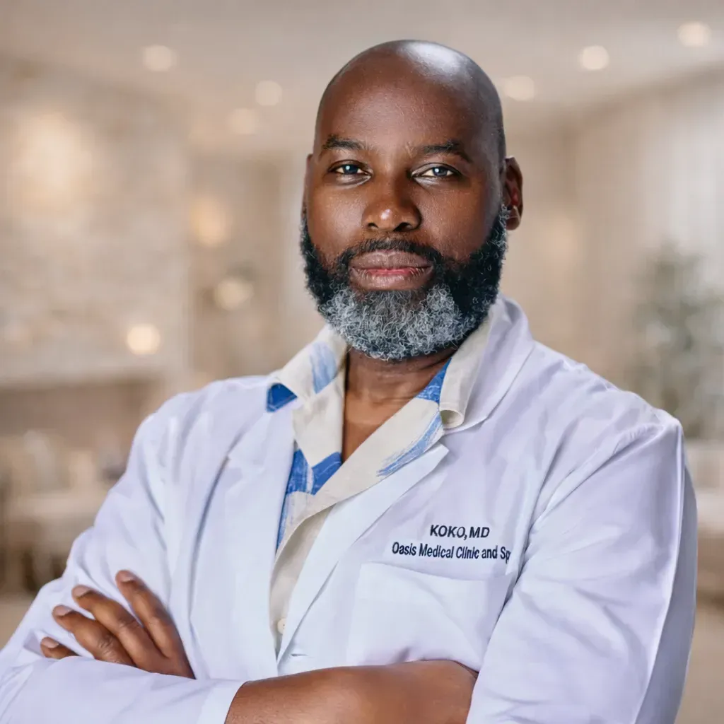 Male doctor in a white coat with a beard, confidently posing in a clinic setting.