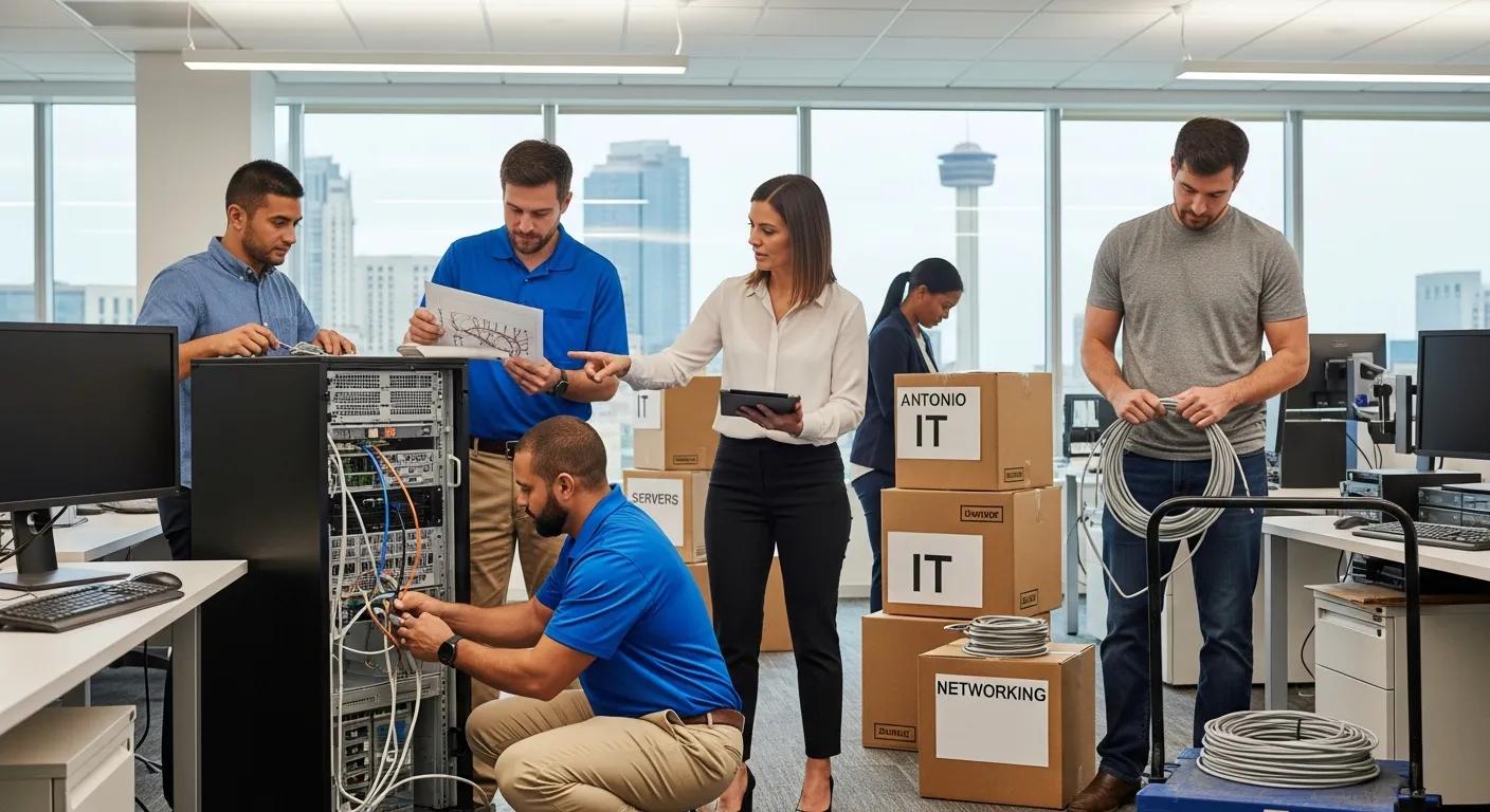 IT professionals collaborating in a modern office environment during an office move in San Antonio