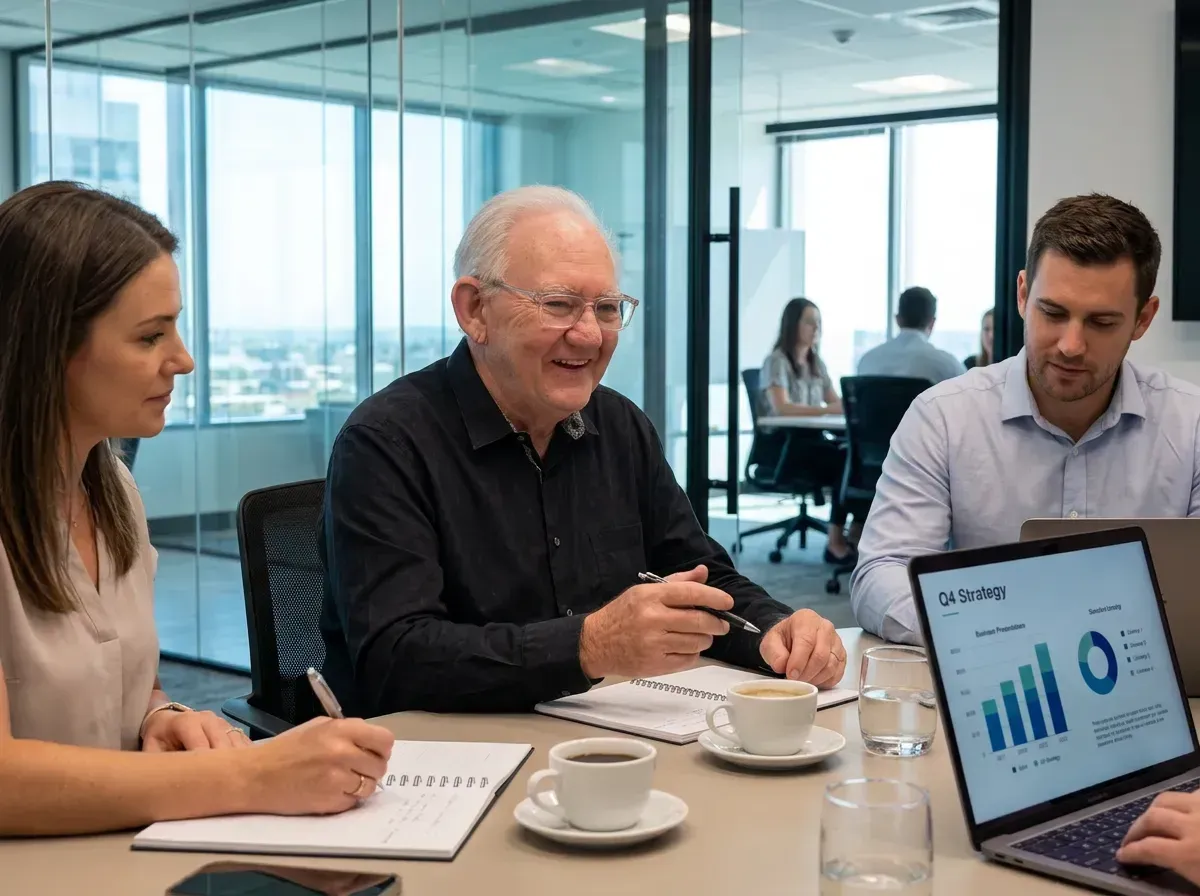 Business meeting with professionals discussing strategy and analyzing data on a laptop.