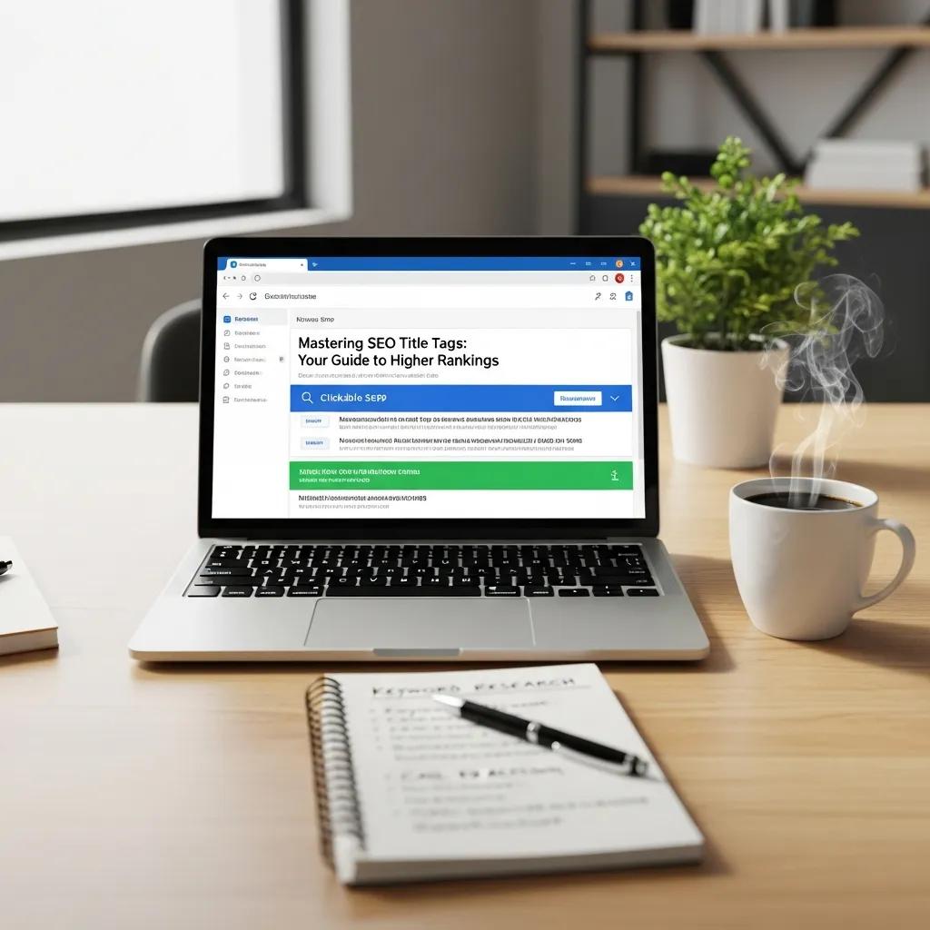 A modern workspace with a laptop showing optimized SEO title tags, a notepad, and a cup of coffee