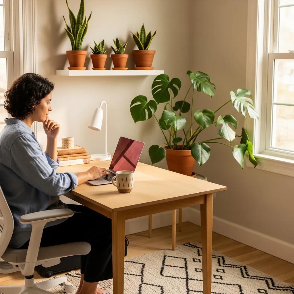 A serene workspace illustrating sustainable productivity with a person working on a laptop in a bright home office