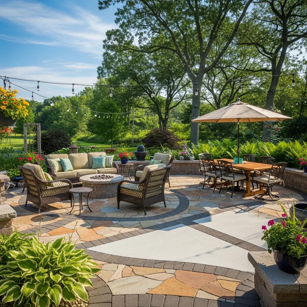 A stunning outdoor patio in Wisconsin showcasing pavers, concrete, and natural stone materials