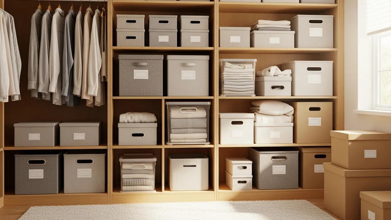 A variety of clothing storage boxes in a well-organized closet, showcasing different materials and styles for effective home organization.