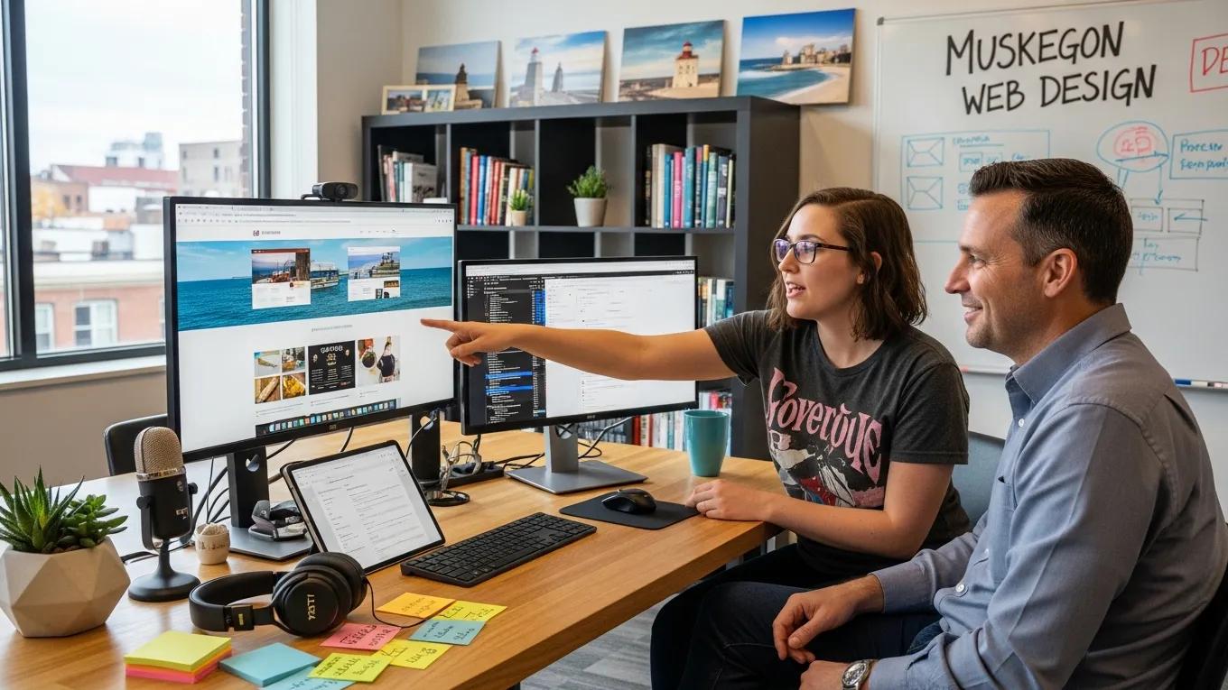 A web developer collaborates with a small business owner in a modern workspace, emphasizing the importance of web design for local businesses.