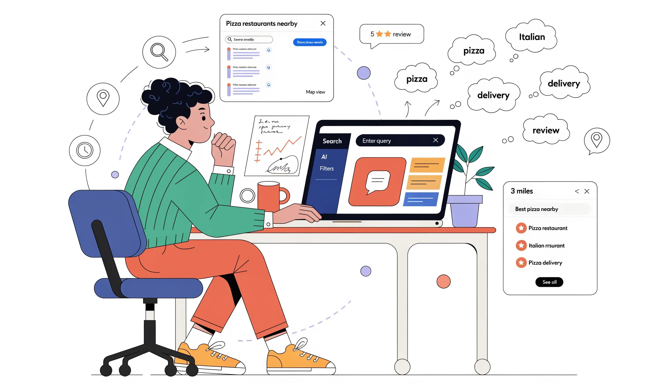 An individual using a laptop featuring AI-driven search tools with surrounding digital elements symbolizing user intent, enhancing understanding of search dynamics.