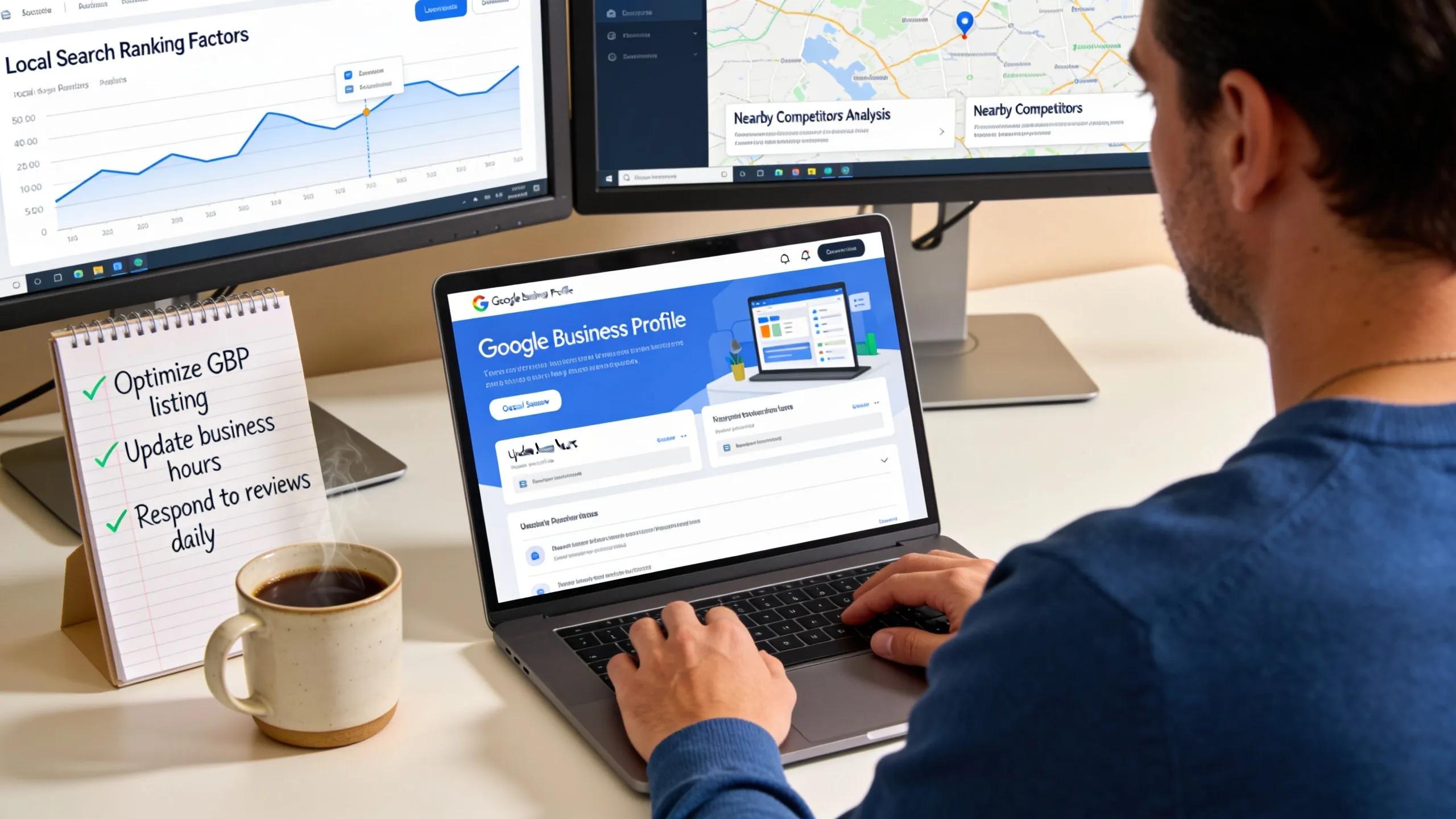 Business owner optimizing Google Business Profile on laptop in a modern workspace