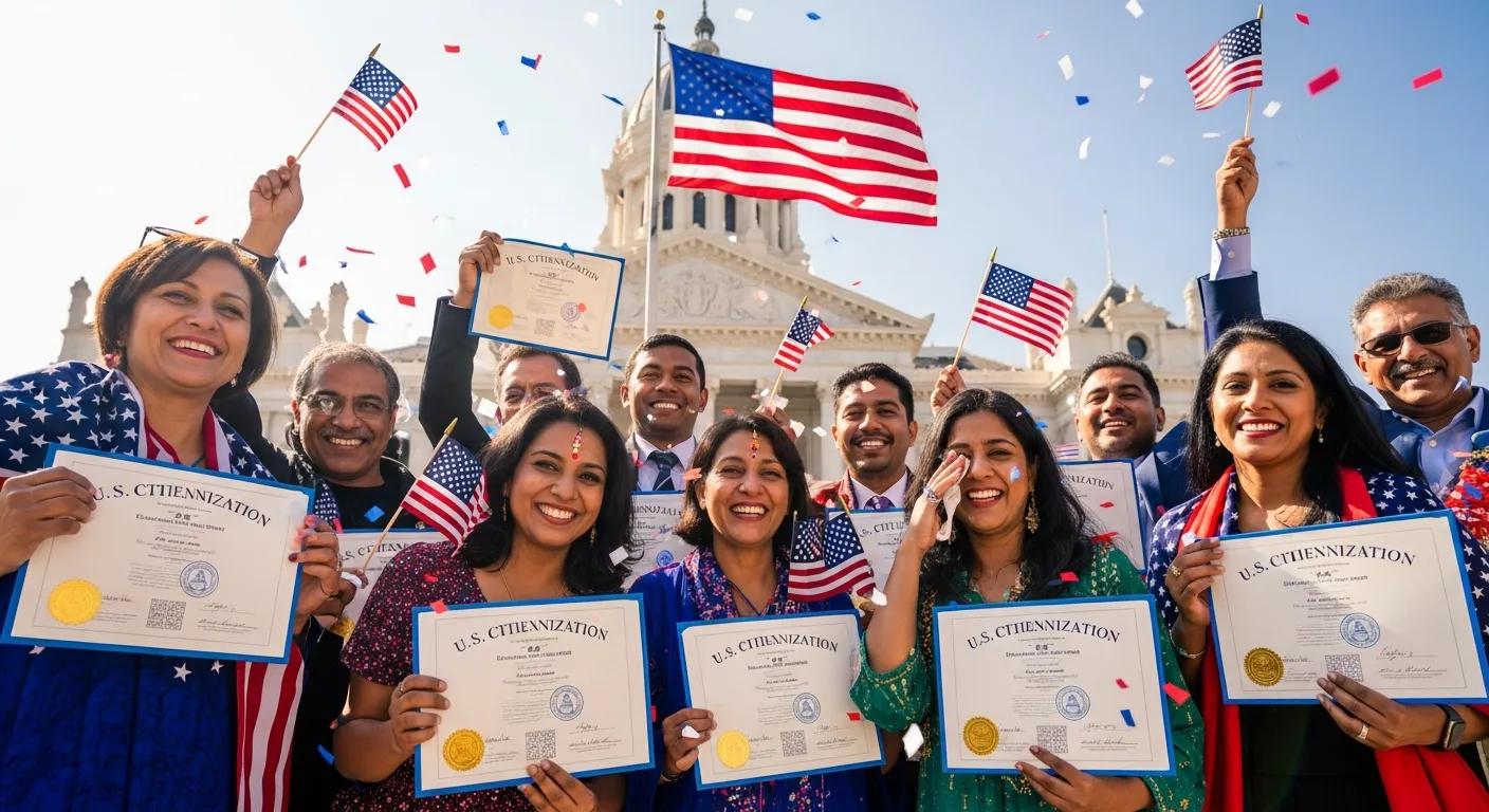 Diverse group celebrating naturalization with U.S. flag and citizenship certificates