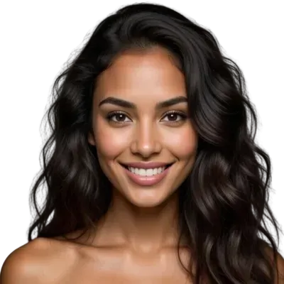 Smiling woman with long, wavy dark hair and a glowing complexion.