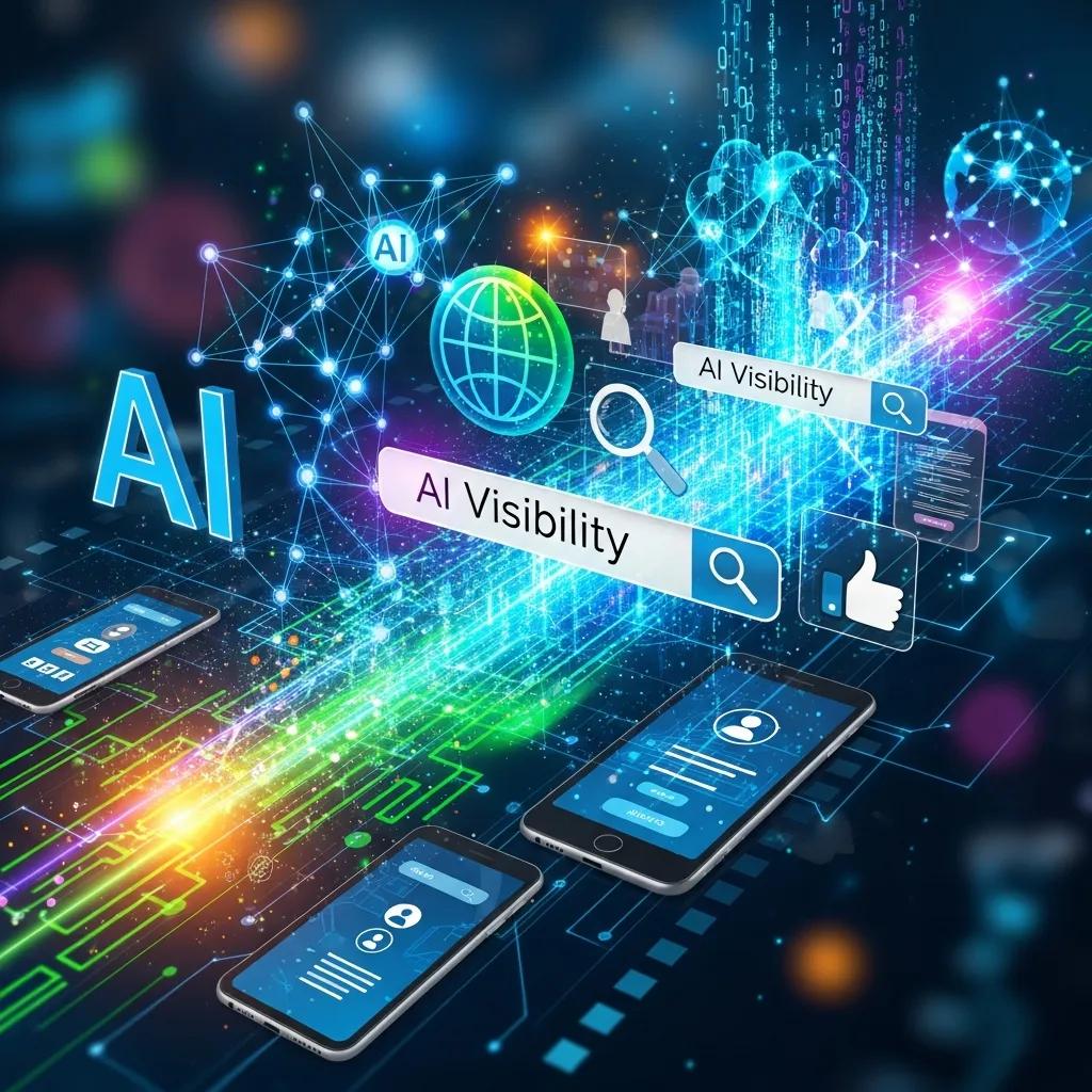 Abstract representation of AI visibility with digital elements symbolizing online presence
