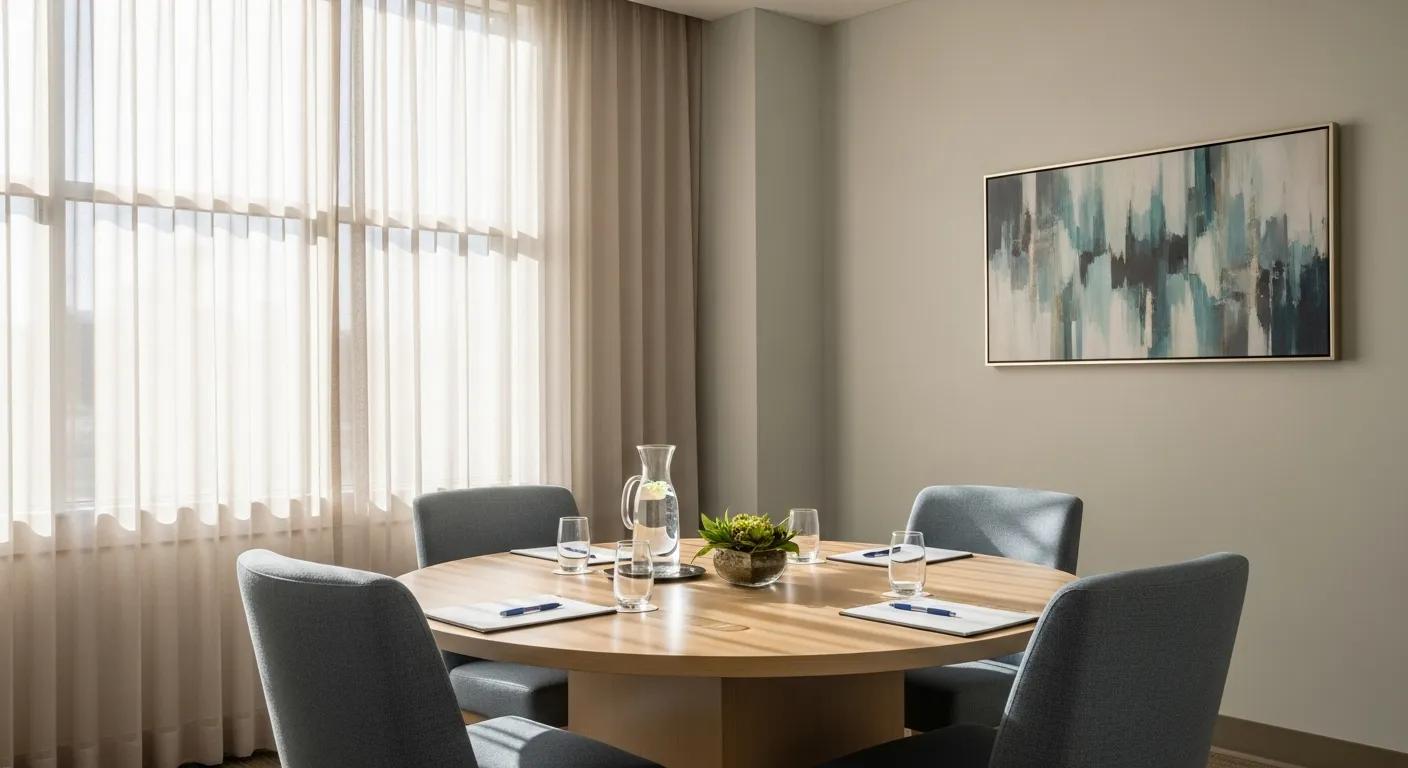 Mediation room setup for divorce discussions, emphasizing a peaceful and collaborative environment