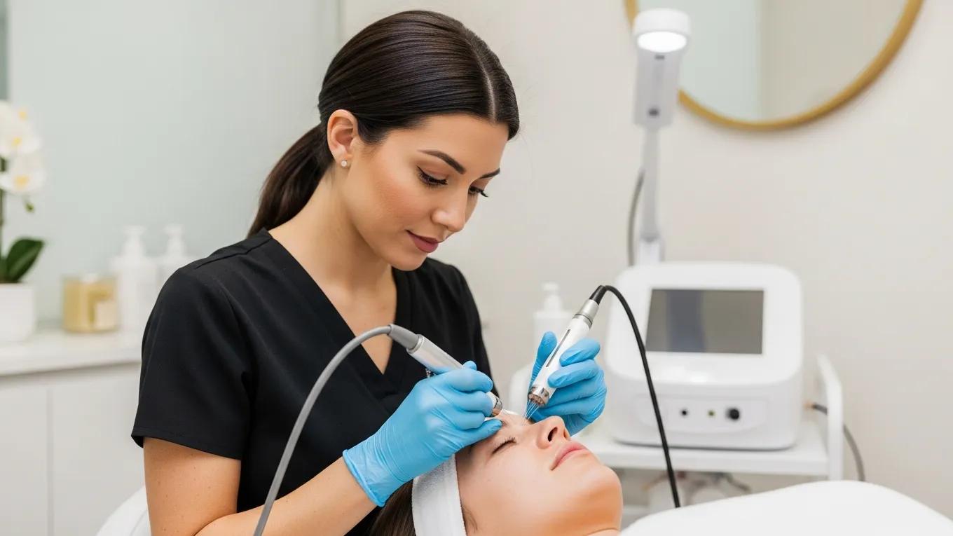 Aesthetician performing microchanneling treatment in a modern skincare clinic