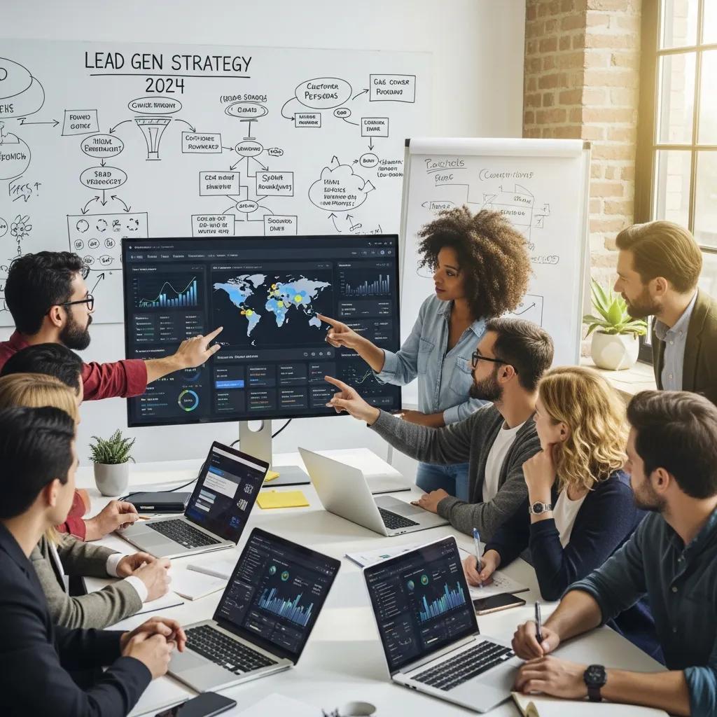 Agency professionals collaborating on lead generation strategies in a modern office