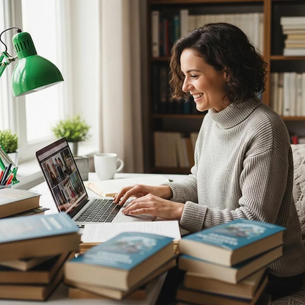 Author in a cozy workspace engaging with media content, representing broadcast PR for book authors