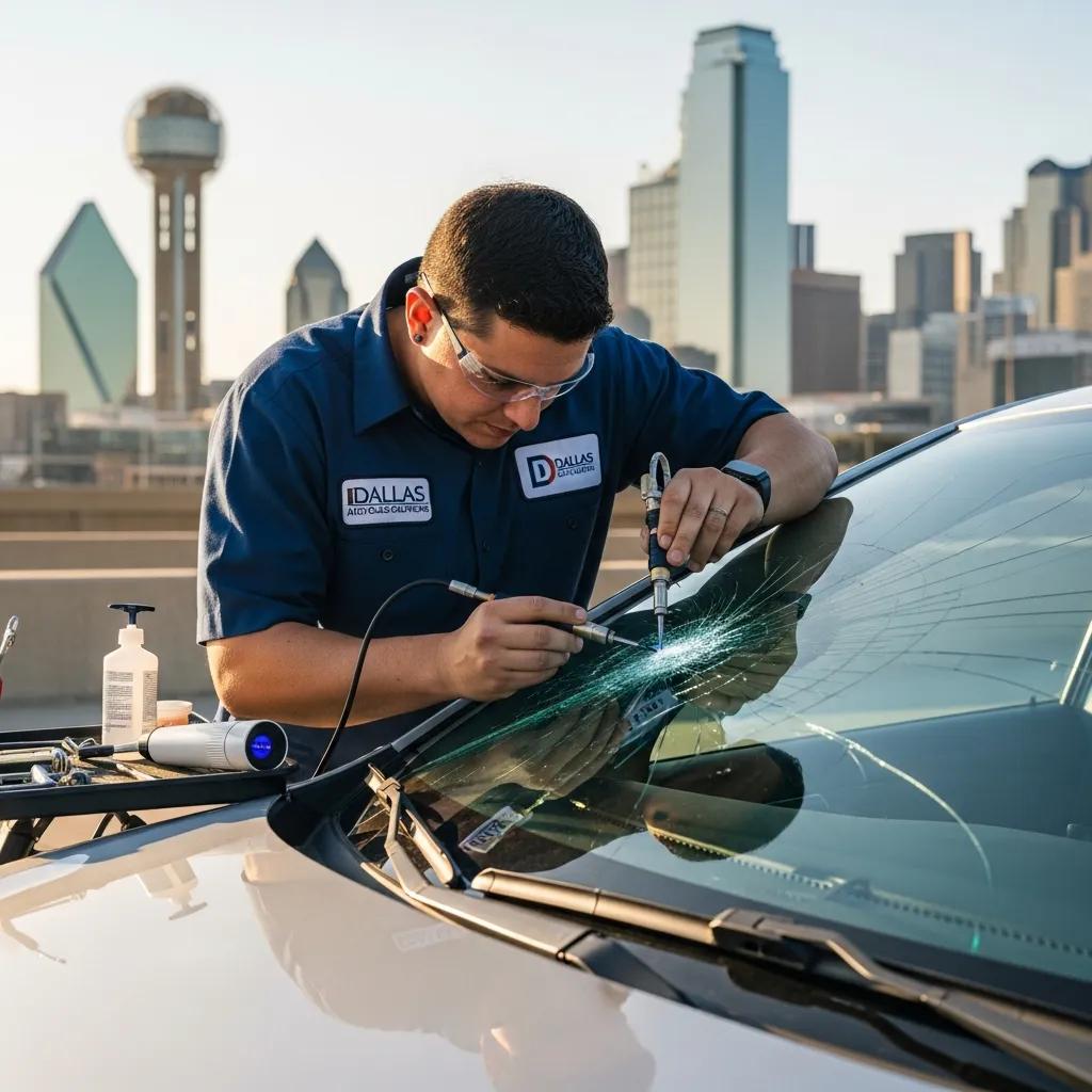 Auto glass technician repairing a windshield in Dallas, Texas, highlighting professional service and local expertise