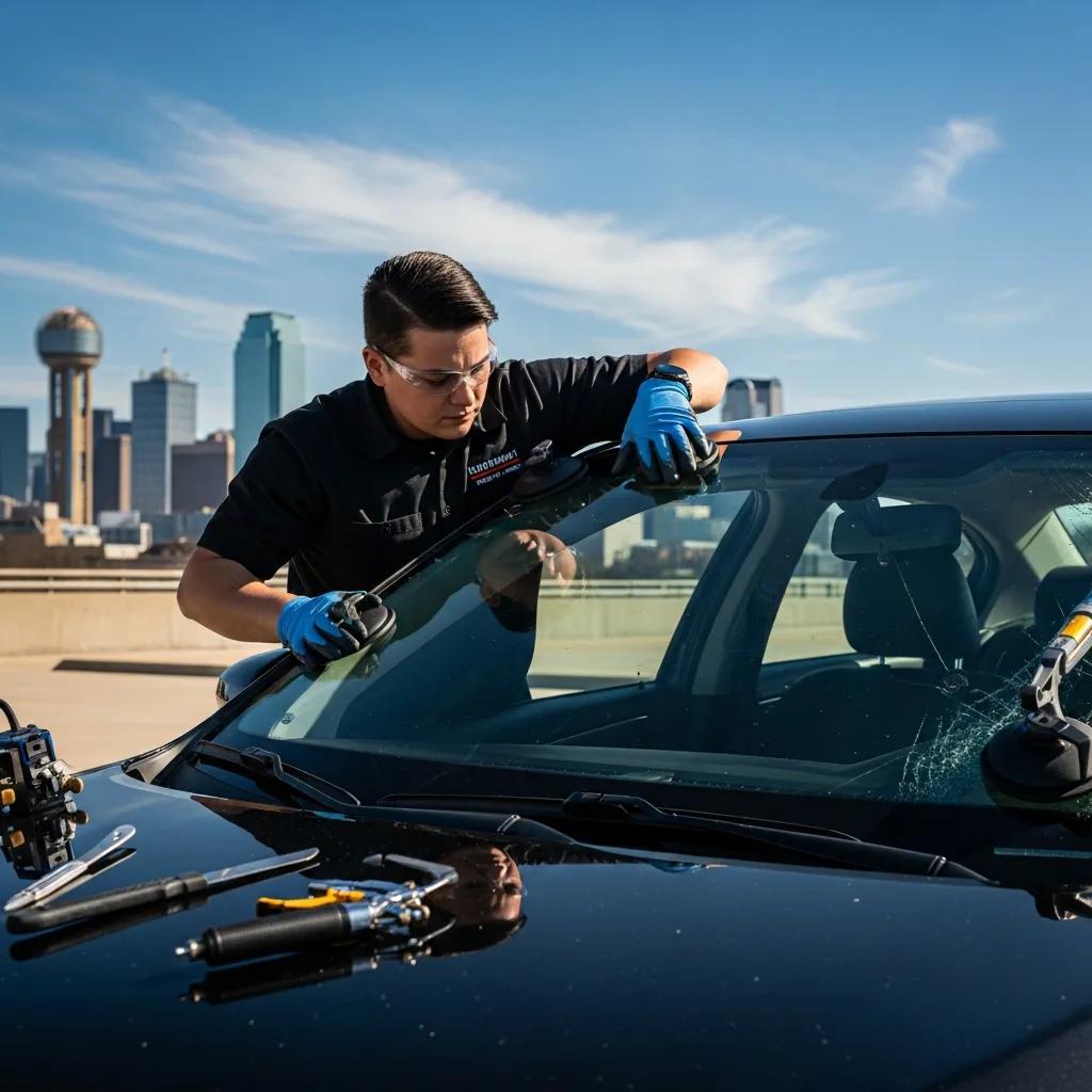 Auto glass technician replacing a windshield in Dallas, showcasing quality service and local expertise