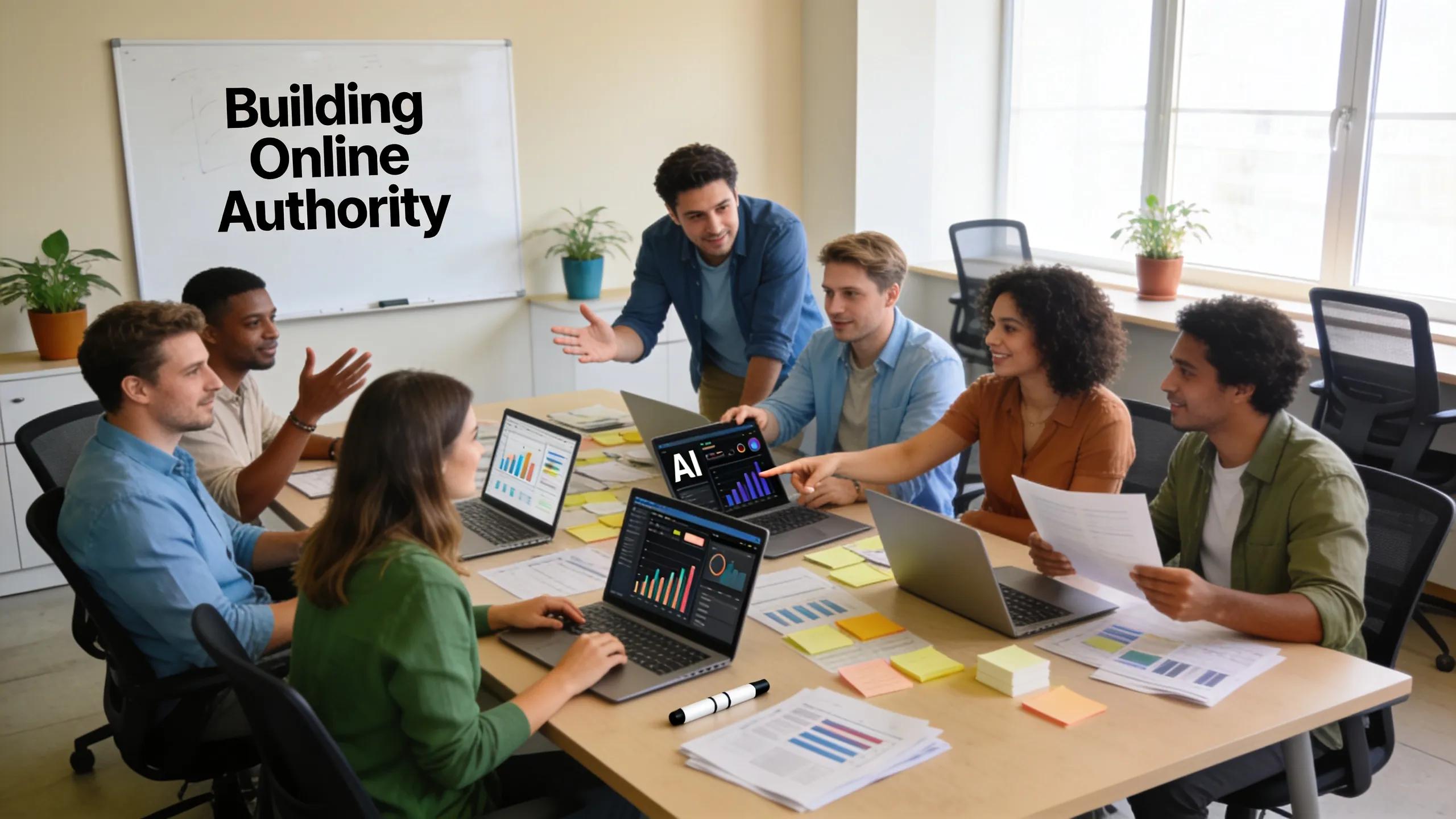 Group of course creators brainstorming AI-driven marketing strategies in a bright workspace