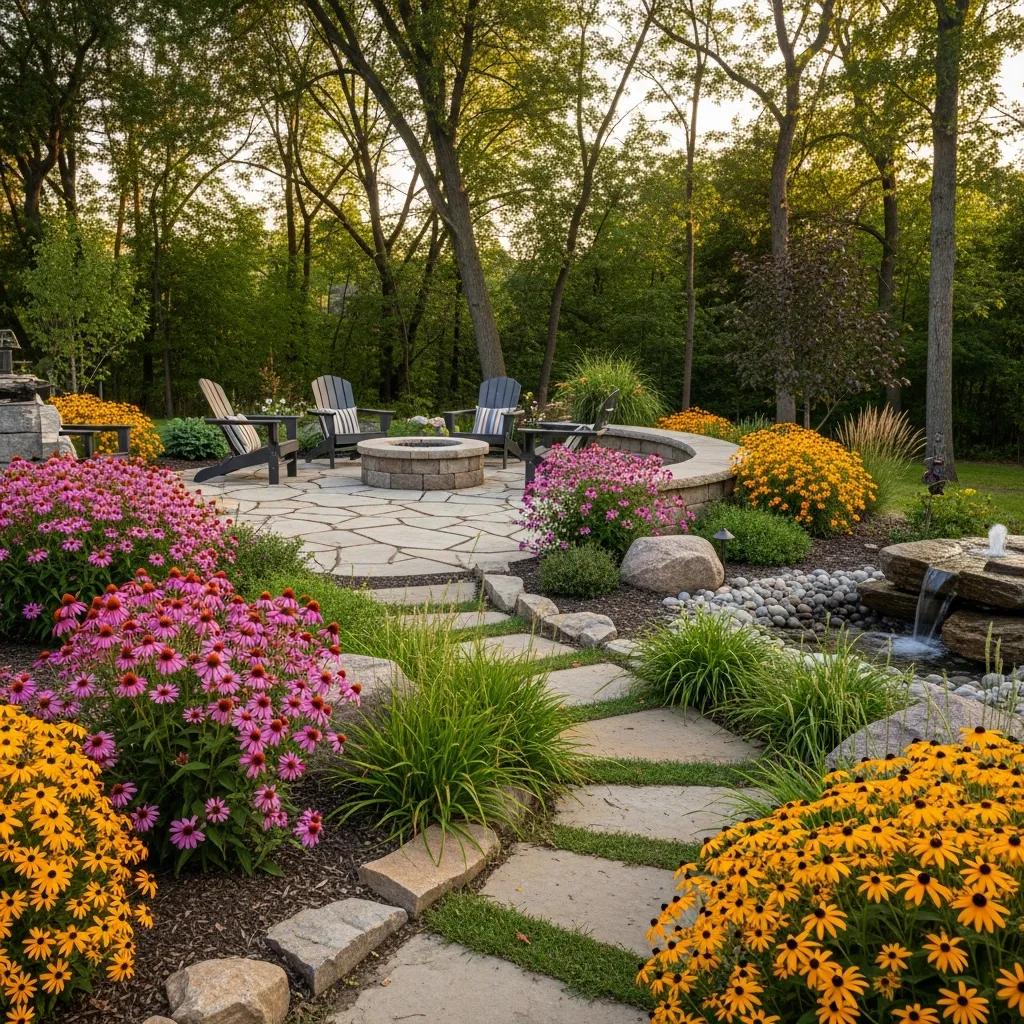 Beautiful low maintenance Wisconsin backyard with native plants and hardscaping features
