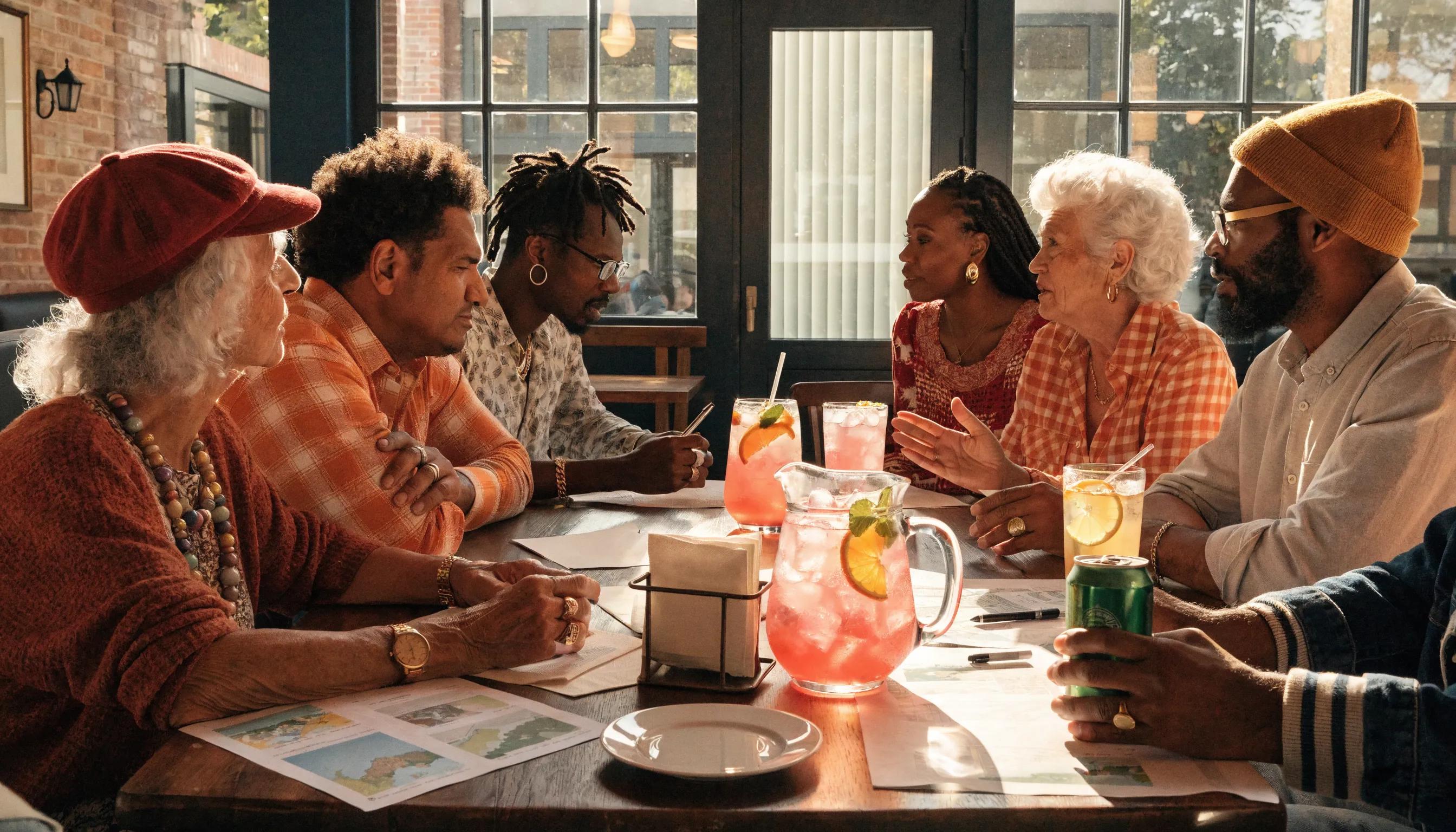 Diverse group discussing real estate investments around a table, emphasizing collaboration and understanding