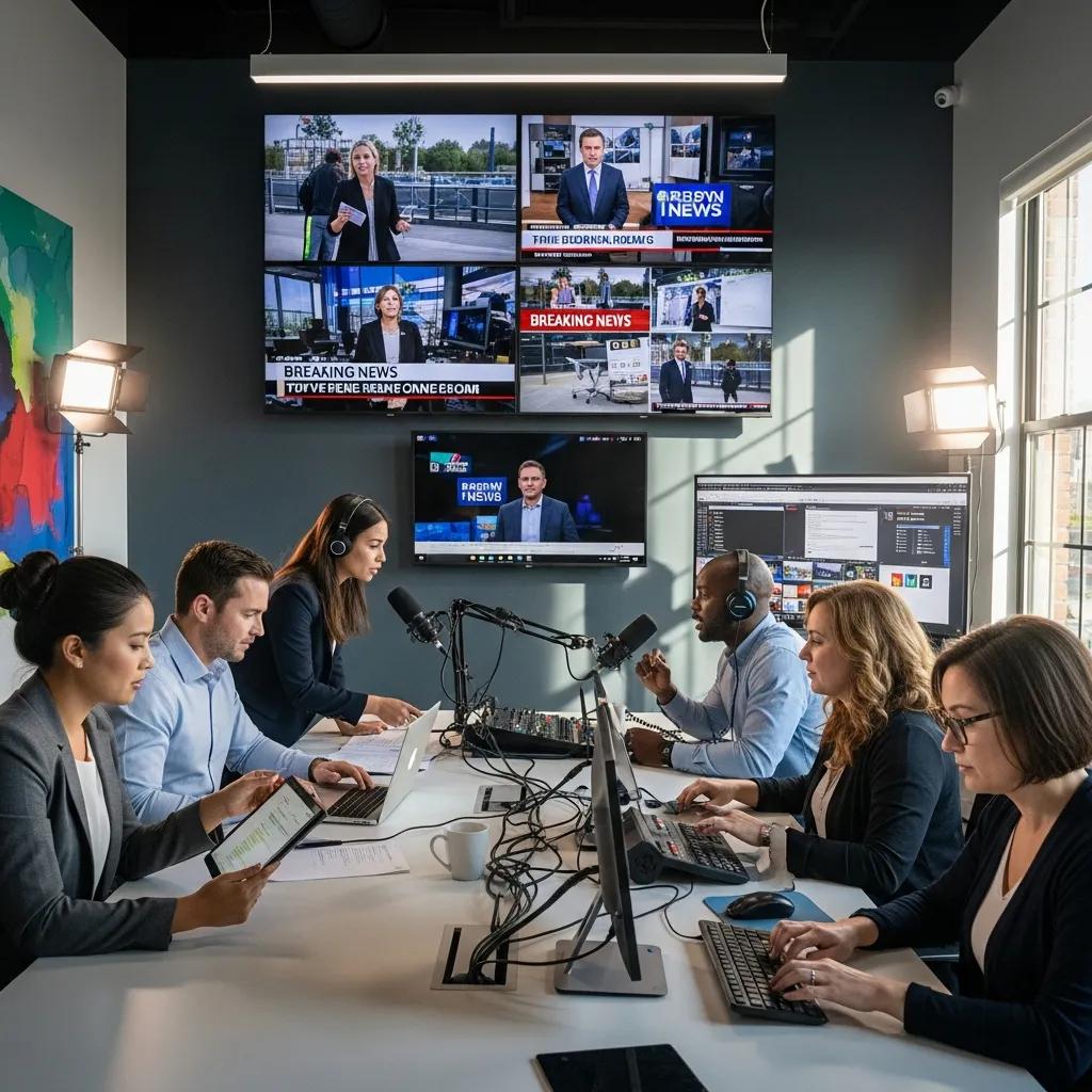 Broadcast public relations team collaborating in a modern office setting