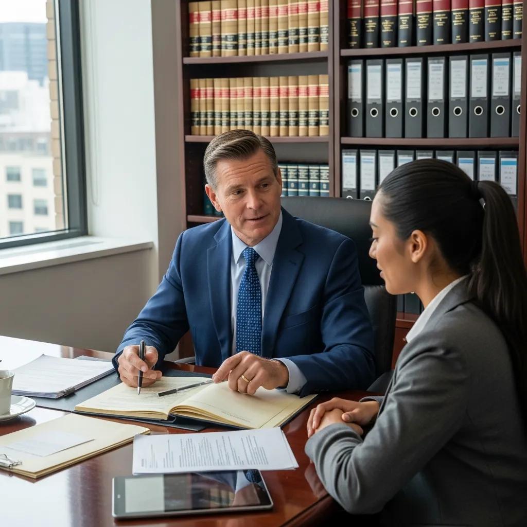 Business litigation attorney consulting with a client in a modern office