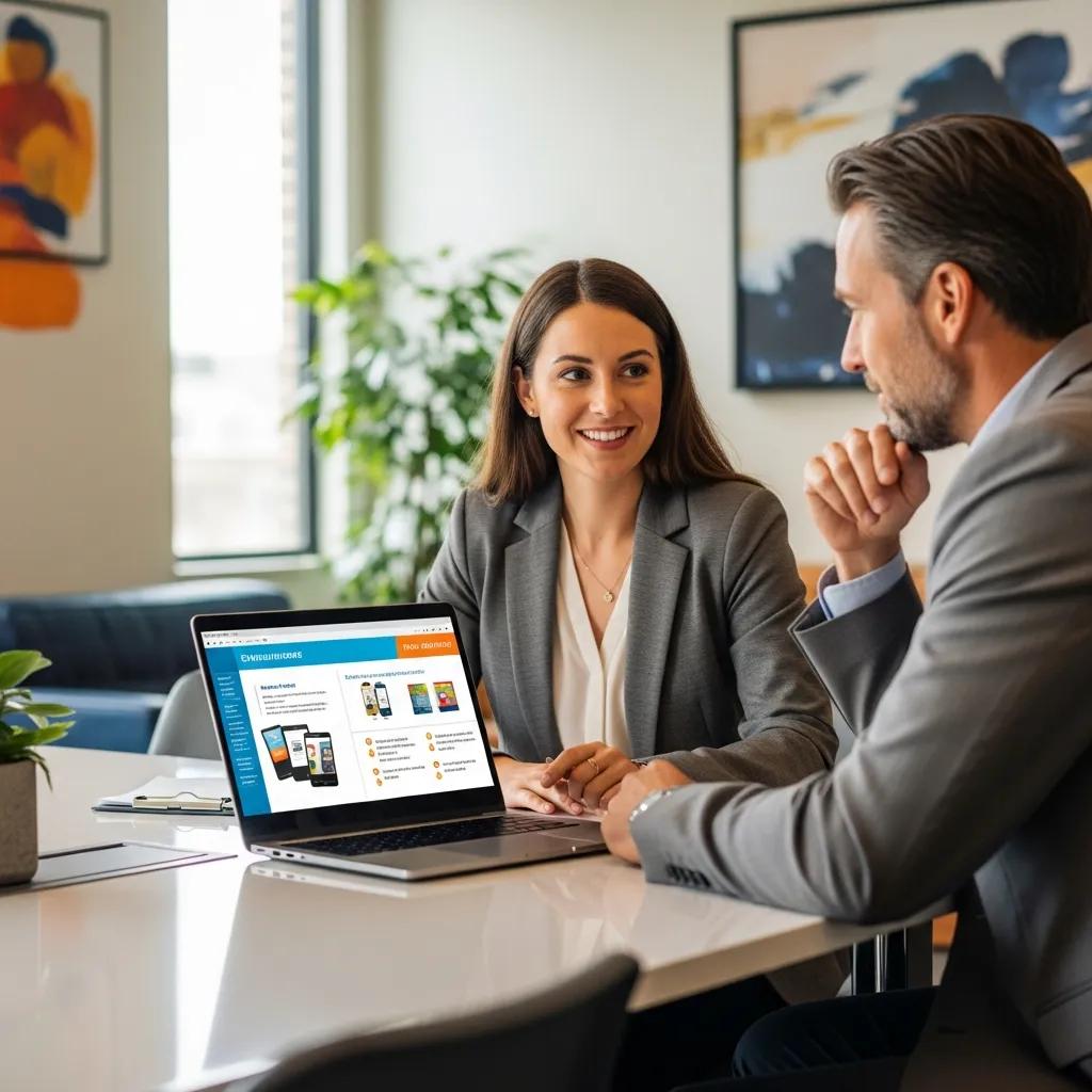 Business meeting between a sales representative and a potential client in a modern office setting