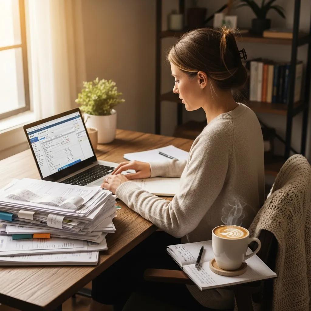 Business owner engaged in year-end tax planning with documents and laptop