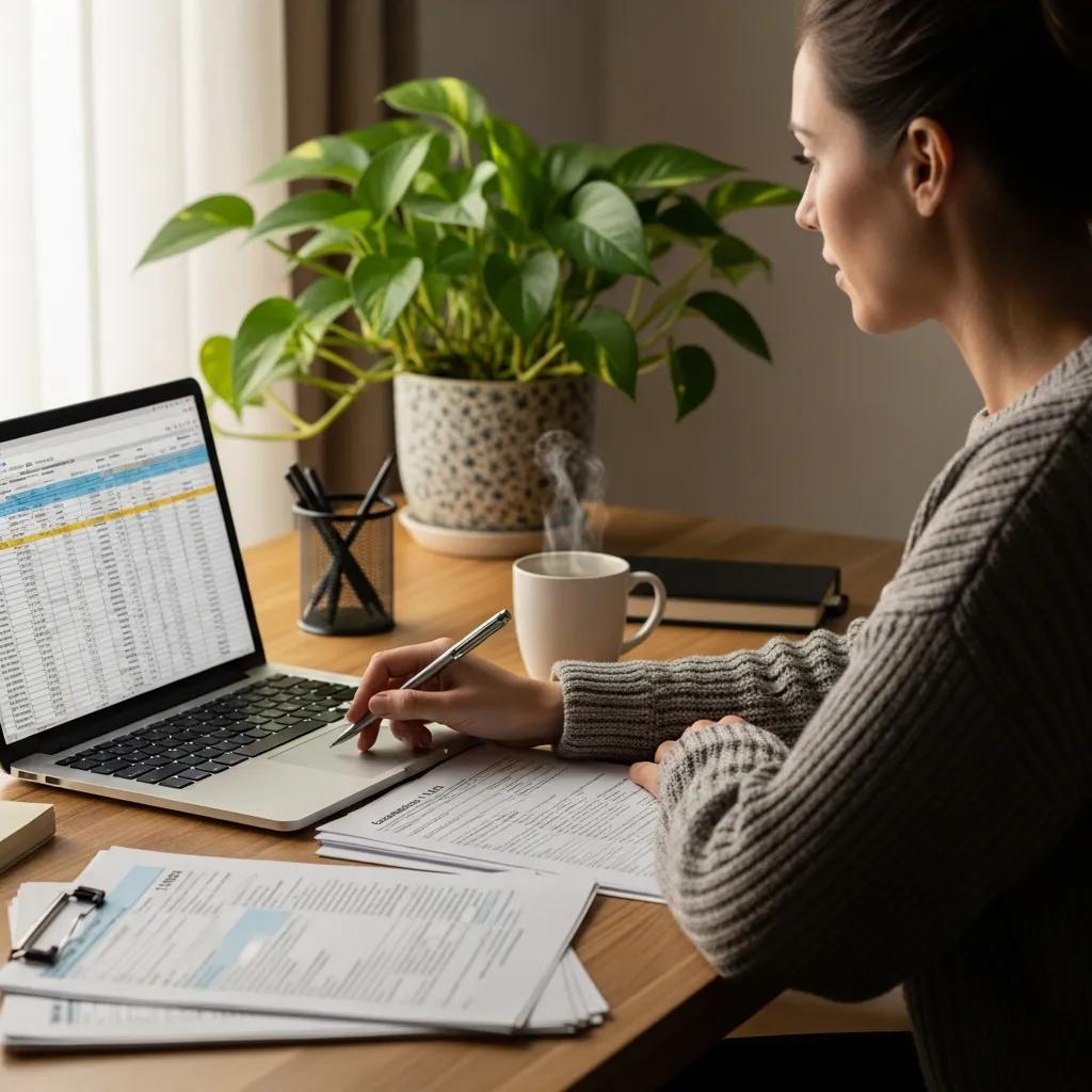 Business owner reviewing corporate tax documents in a cozy office setting
