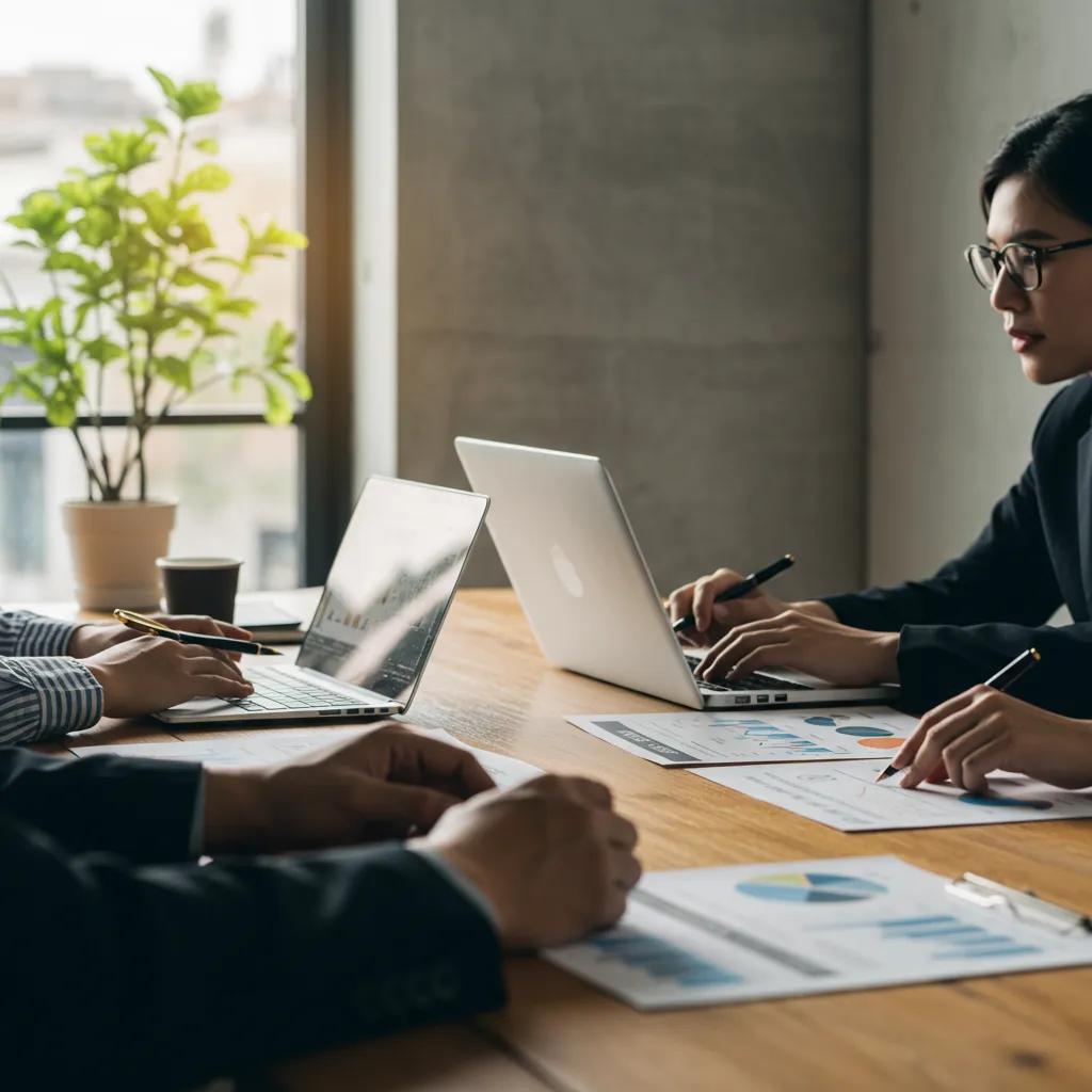 Business professionals collaborating in a modern conference room, discussing B2B transaction transparency