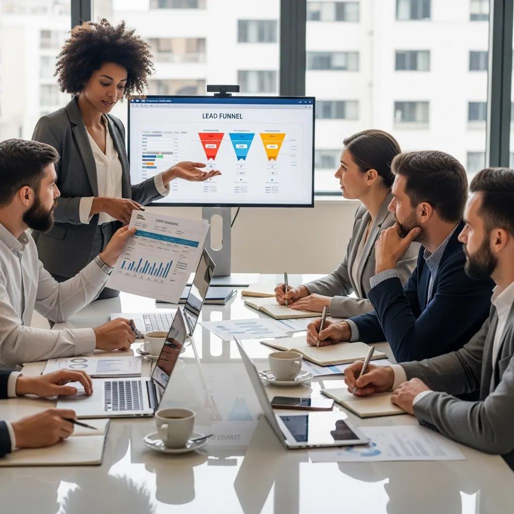 Business professionals collaborating on B2B lead generation strategies in a modern office