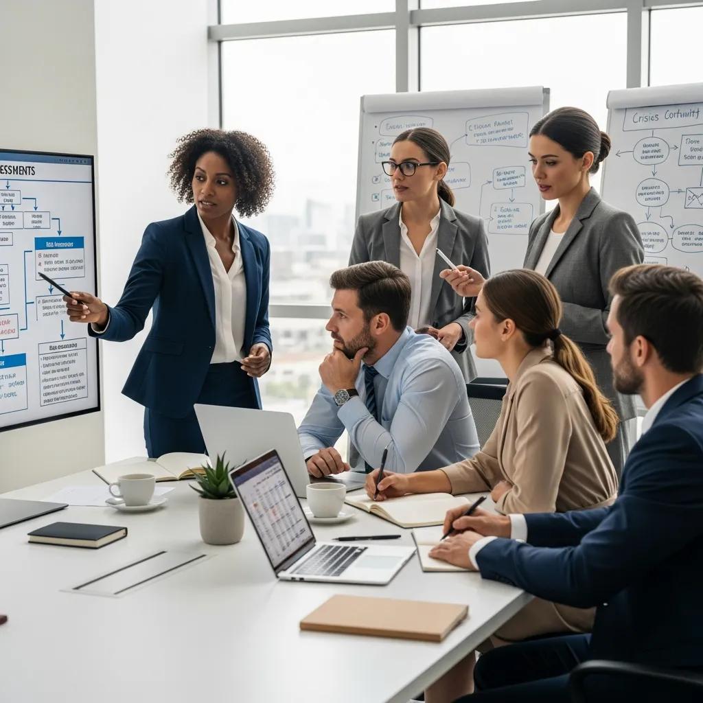 Business professionals collaborating on business continuity planning in a modern office