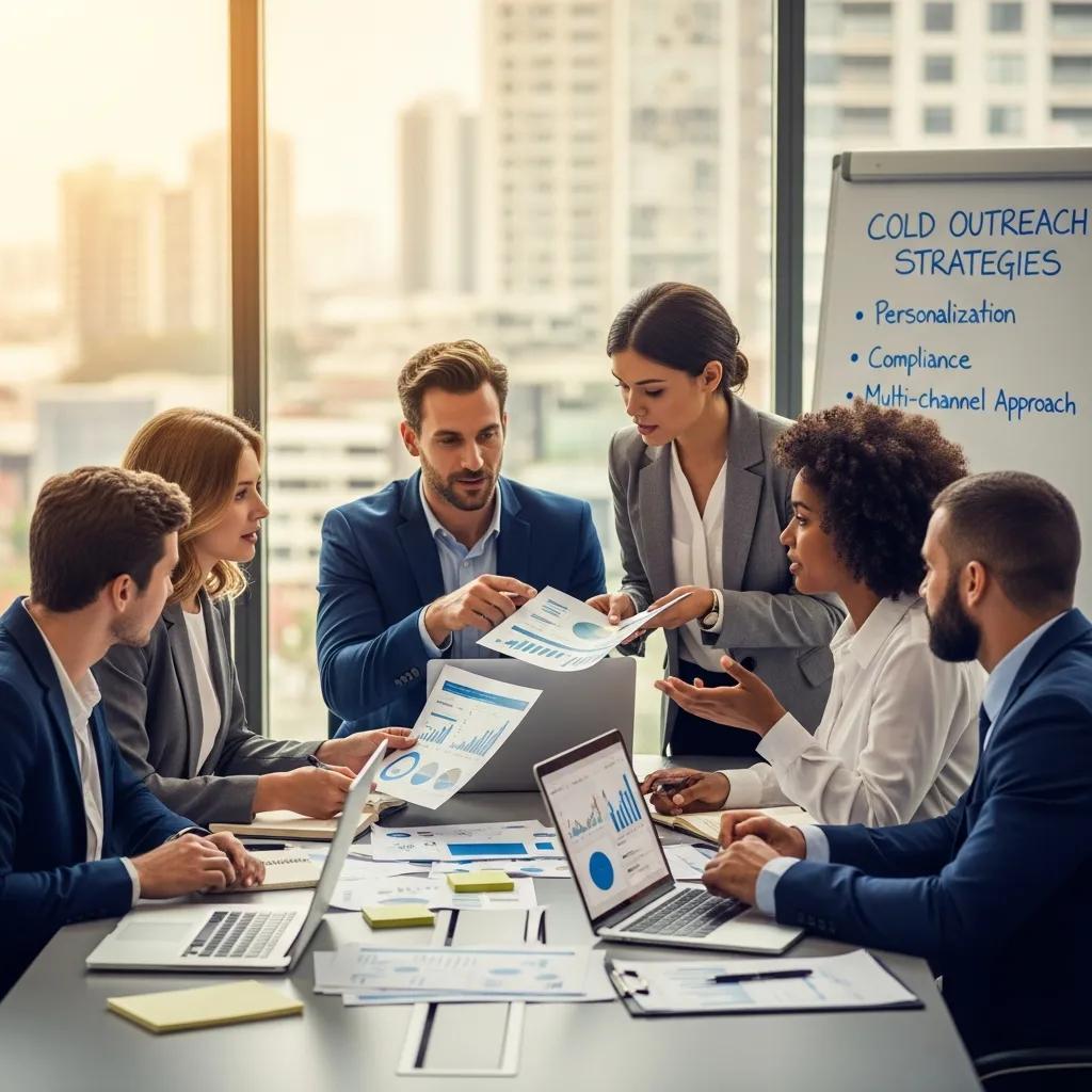 Business professionals collaborating on cold outreach strategies in a modern office