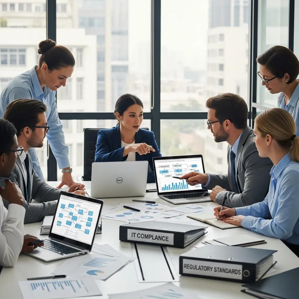 Business professionals collaborating on IT compliance strategies in a modern office