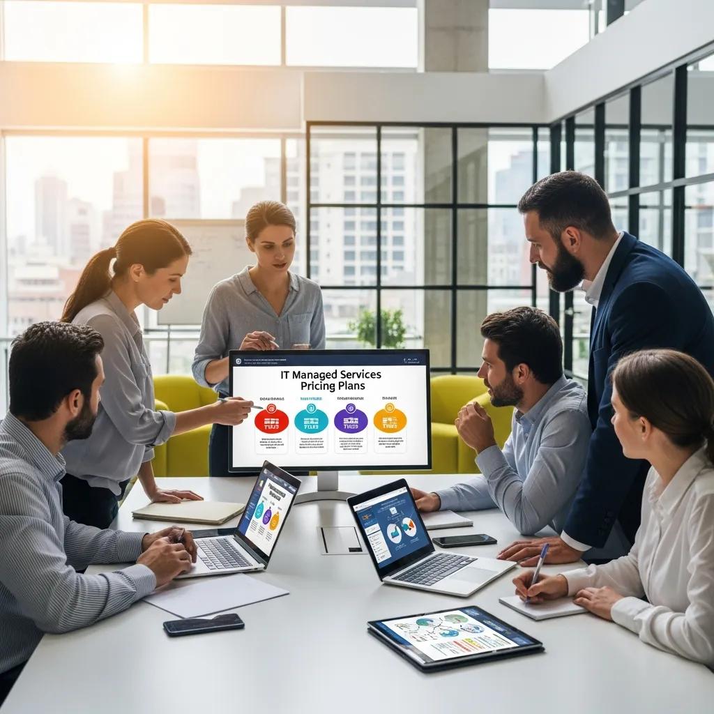 Business professionals collaborating on IT managed services in a modern office