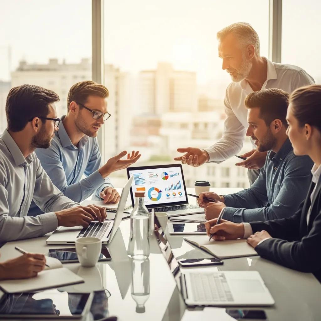 Business professionals collaborating on IT strategies in a modern office