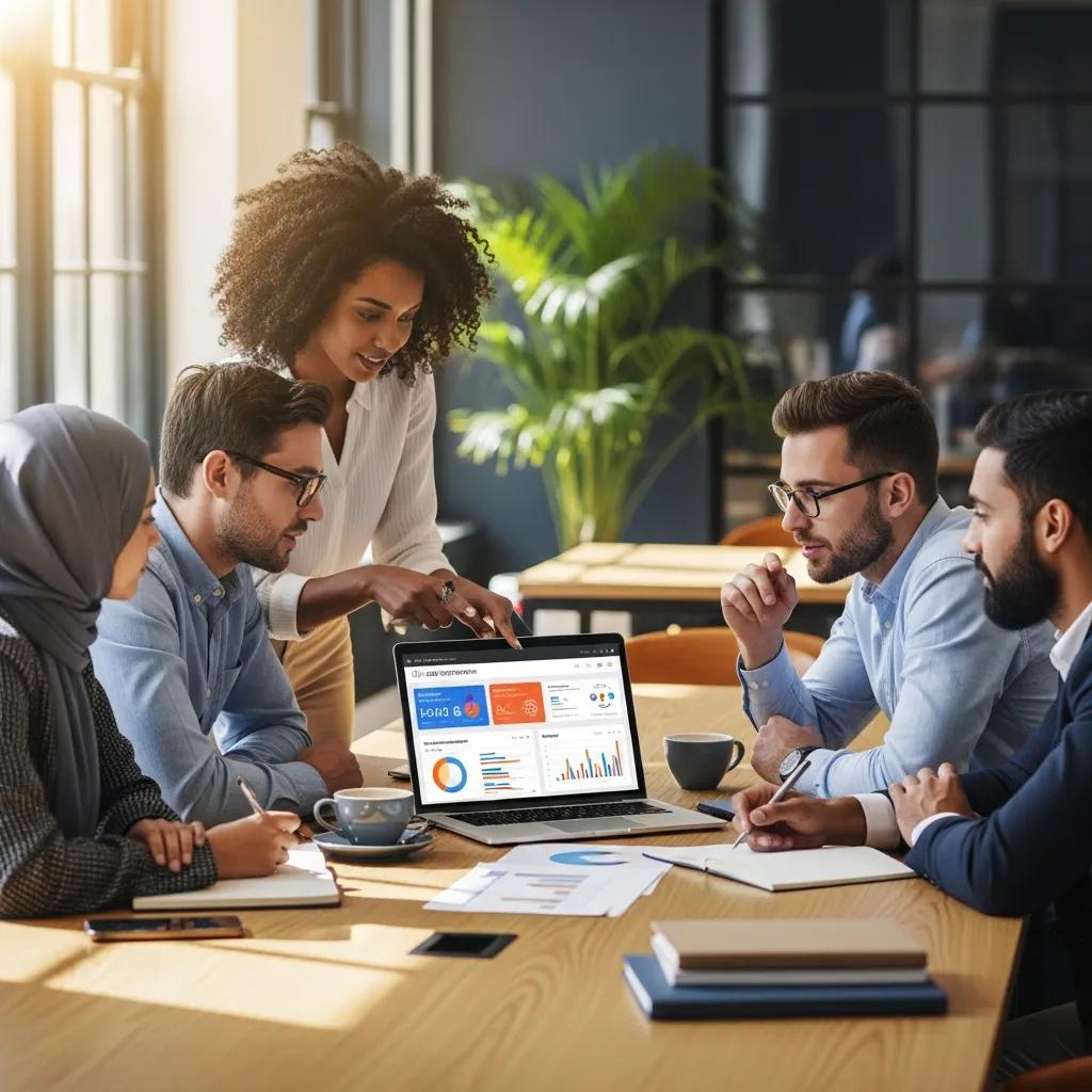 Business professionals collaborating on lead generation strategies in a modern office