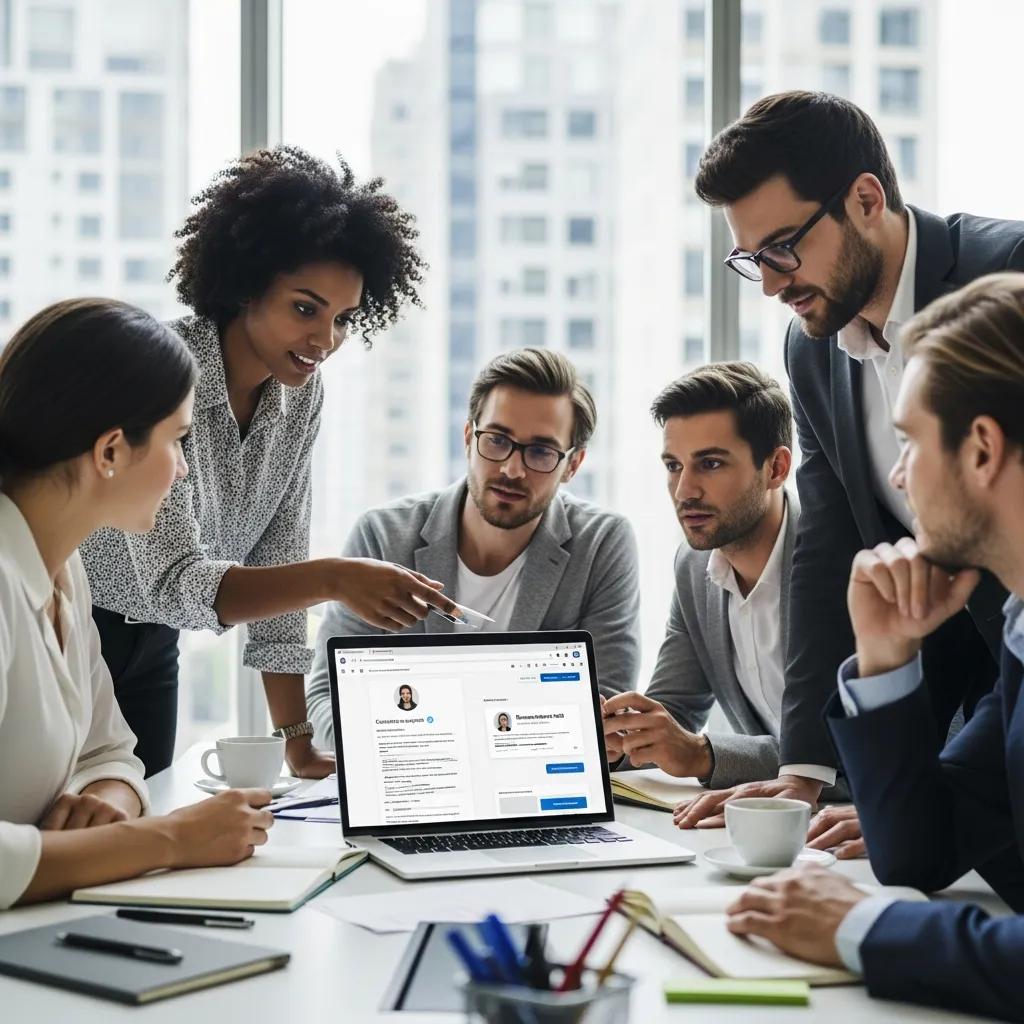 Business professionals collaborating on LinkedIn automation strategies in a modern office