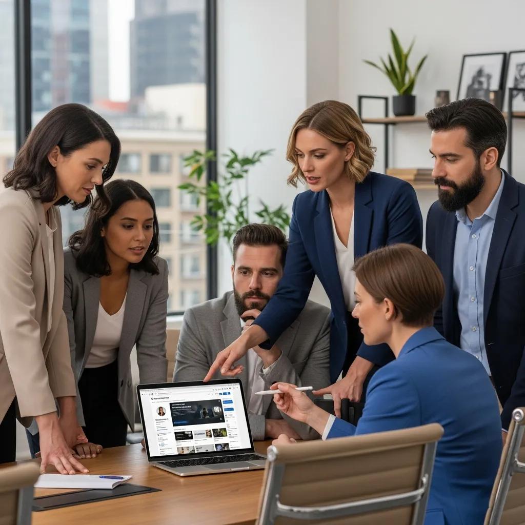Business professionals collaborating on LinkedIn automation strategies in a modern office