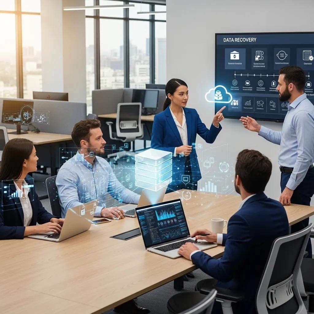 Business professionals collaborating on managed IT backup solutions in a modern office