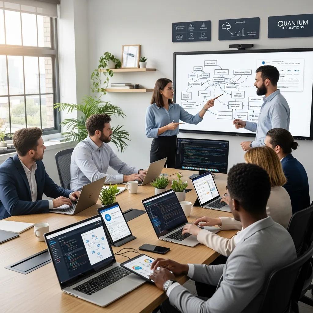 Business professionals collaborating on managed IT services in a modern office